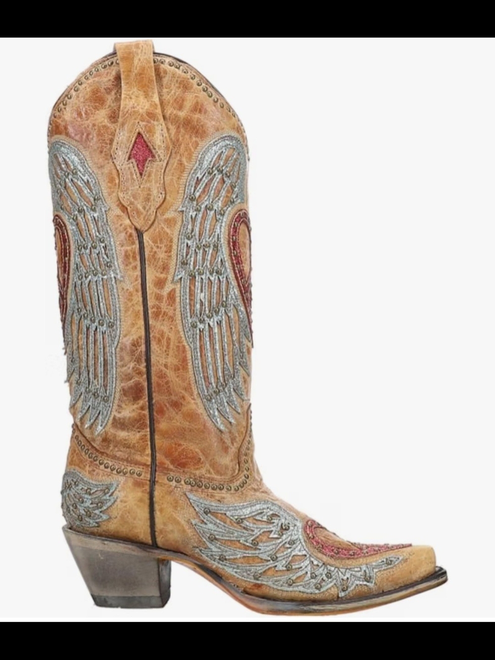 Tan Wing-Embroidered Western Heeled Boots